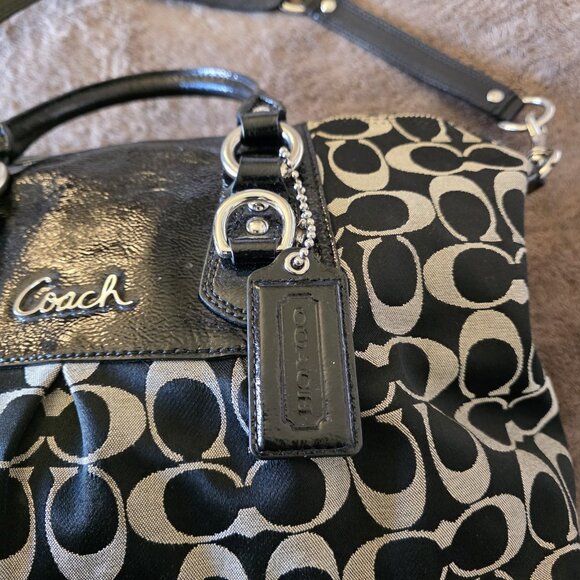 Coach Ashley Black Signature C Patent Leather Satchel F15443 Convertible Bag - Picture 2 of 16